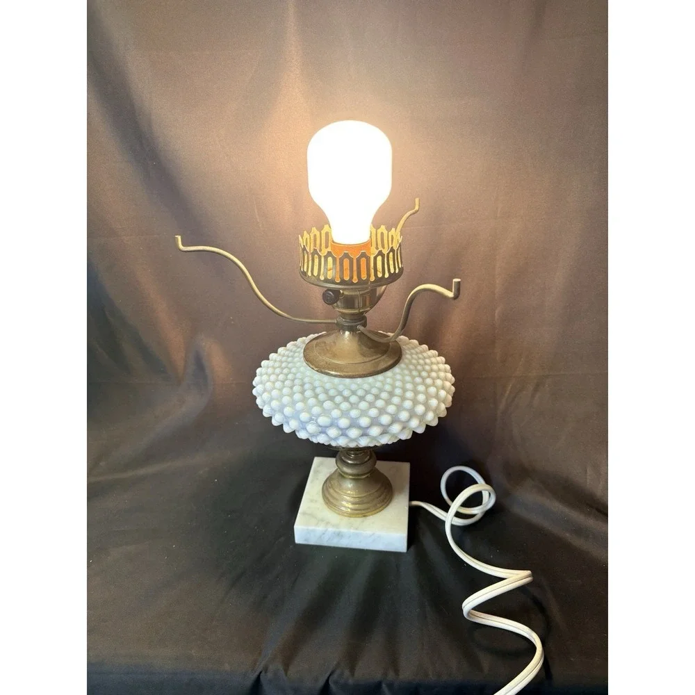 Vintage French Opalescent Hobnail Table Lamp with Marble Base